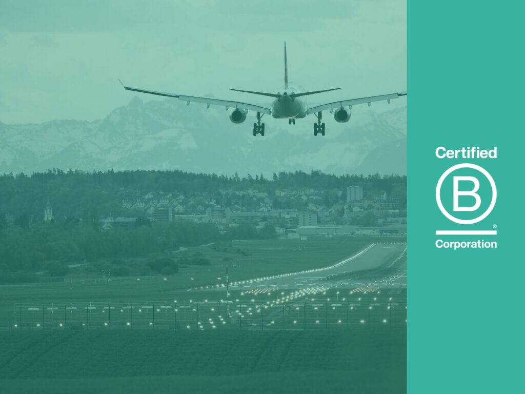 B Corp logo blog header image with aeroplane and teal image overlay