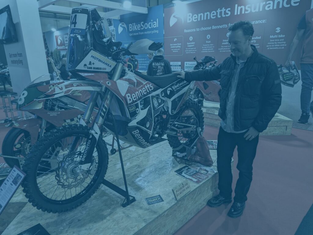 Blue Mick at BSB Superbikes show with a Bennetts sponsored motorbike