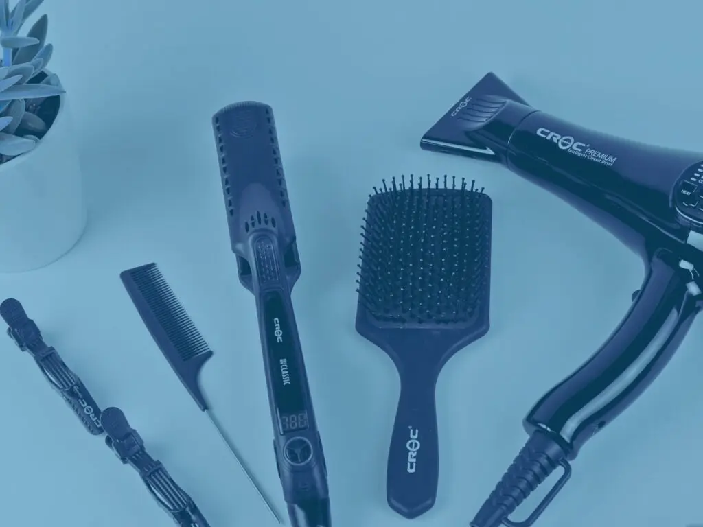 Blue hair styling tools on desk