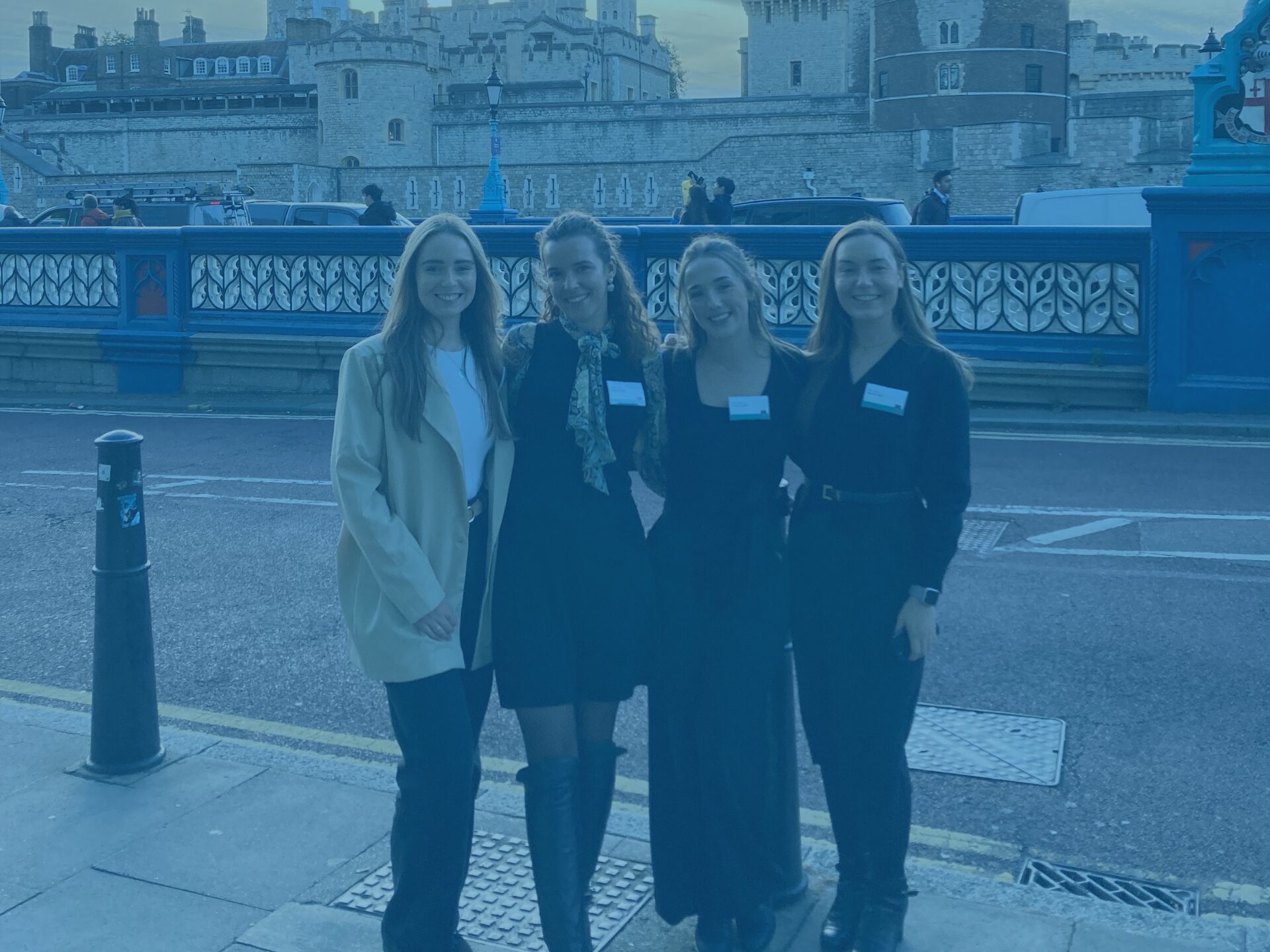 Blue group photo by tower of london for rpc event, freya, bailey, rosie, alex