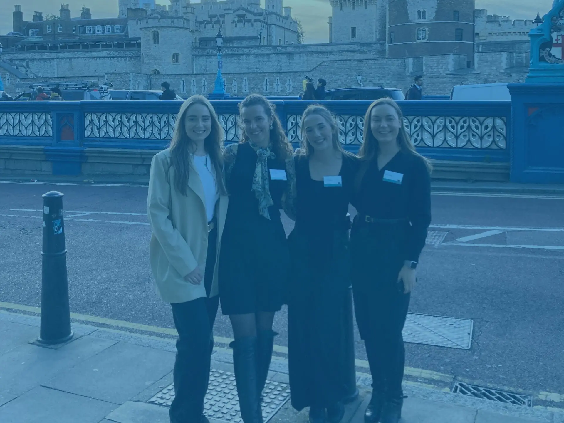 Blue group photo by tower of london for rpc event, freya, bailey, rosie, alex